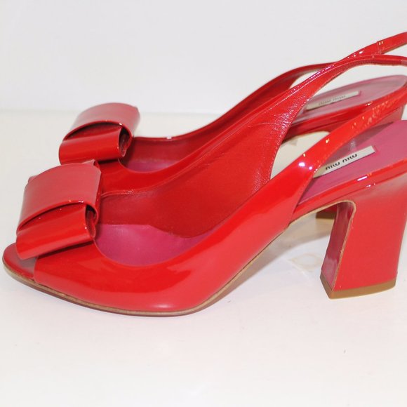 NEW MIU MIU RED BOW PATENT LEATHER SLINGBACK SANDALS HEELS 38.5 REDUCED PRICE - Picture 6 of 9